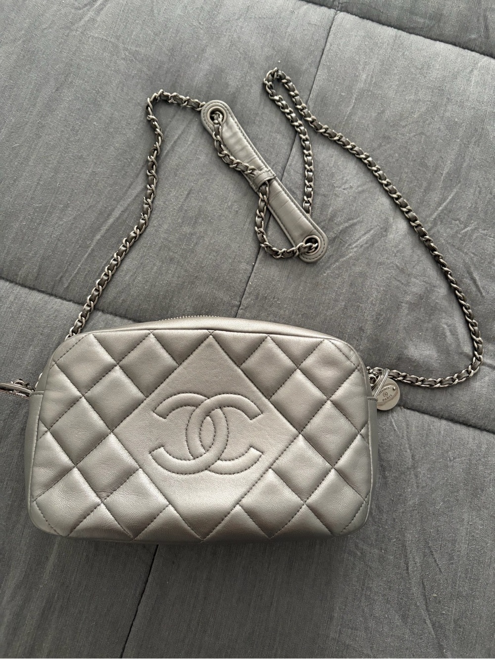 CHANEL Quilted Leather Camera Crossbody in Silver Metallic Gray